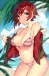  beach bikini black_jacket blue_sky blurry breasts brown_hair chrono_(himadon) cleavage cloud cowboy_shot day depth_of_field front-tie_top green_eyes highres jacket leaf looking_at_viewer lostorage_wixoss medium_breasts open_clothes open_jacket outdoors ril_(wixoss) short_hair sky solo striped striped_bikini swimsuit wixoss 