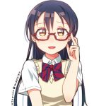  bangs blue_hair blush commentary_request glasses hair_between_eyes hand_on_eyewear long_hair looking_at_viewer love_live! love_live!_school_idol_project open_mouth otonokizaka_school_uniform school_uniform semi-rimless_eyewear simple_background skull573 smile solo sonoda_umi under-rim_eyewear upper_body white_background yellow_eyes 