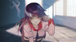  1girl bakemonogatari black_necktie black_thighhighs blue_eyes blush breasts classroom collared_shirt cowboy_shot eyelashes hand_up indoors juliet_sleeves leaning_forward long_hair long_sleeves looking_at_viewer maeshima_shigeki medium_breasts miniskirt monogatari_(series) naoetsu_high_school_uniform necktie parted_lips pink_shirt pleated_skirt puffy_sleeves purple_hair school_uniform senjougahara_hitagi shadow shirt sketch skirt solo thighhighs wooden_floor 
