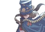  1girl absurdres ascot blue_cloak blue_hat boogiepop boogiepop_(character) brown_eyes brown_hair chain cloak closed_mouth commentary_request floating_cape floating_hair hair_over_one_eye hat hat_chain highres kawayabug looking_at_viewer one_eye_covered partial_commentary red_ascot simple_background smile solo white_background wind yin_yang 