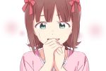  :d amami_haruka brown_hair demirinz green_eyes hair_ribbon idolmaster idolmaster_(classic) idolmaster_million_live! open_mouth ribbon short_hair single_tear smile solo tears 