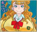  10s 1girl asymmetrical_hair blue_eyes border breast_rest breasts cardigan earrings eyeliner female galko gyaru hair_bun jewelry kogal large_breasts long_hair makeup official_art one_side_up oshiete!_galko-chan school_uniform scrunchie side_bun smile solo stud_earrings suzuki_ken&#039;ya 