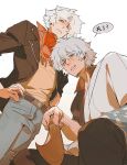  2boys bandana belt black_jacket black_pants brown_belt brown_shirt classicaloid creator_connection crossover denim fingernails from_below gintama grey_eyes grey_hair hair_between_eyes hand_on_own_hip highres jacket jeans ludwig_van_beethoven_(classicaloid) male_focus multiple_boys octahooves pants parted_lips poking red_bandana sakata_gintoki shirt simple_background speech_bubble translation_request white_background 