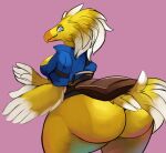 absurd_res anthro avian beak big_butt bird blue_clothing blue_eyes butt cheek_tuft chocobo clothed clothing curvy_anthro curvy_female curvy_figure dipstick_feathers facial_tuft feather_hair feathered_crest feathers female final_fantasy head_crest hi_res huge_butt jacket looking_at_viewer looking_back looking_back_at_viewer looking_down low-angle_view mount portrait presenting presenting_hindquarters pseudo_hair robomax saddle simple_background small_waist smile smiling_at_viewer solo square_enix tail tail_feathers thick_thighs three-quarter_portrait topwear tuft wednesday_(robomax) wide_hips winged_arms wings yellow_body yellow_feathers