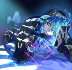  1boy artist_name barefoot bed bed_sheet black_pants black_robe blue_eyeshadow blue_hair blue_lips blue_nails bridal_gauntlets eyeshadow feet feet_up grin hair_between_eyes head_tilt holding holding_phone hood hood_up hooded_robe idia_shroud light_particles long_hair long_sleeves looking_at_phone lying makeup male_focus nail_polish night_raven_college_ceremonial_robes on_bed on_stomach pants phone pillow robe sharp_teeth signature smile solo suzuki_rika teeth twisted_wonderland twitter_username watermark wide_sleeves yellow_eyes 