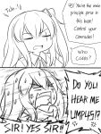  closed_eyes collar_grab comic commander_(girls_frontline) commentary english english_commentary girls_frontline greyscale guin_guin monochrome open_mouth scar scar_across_eye shaded_face shaking side_ponytail sweat ump45_(girls_frontline) 
