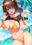  animal_ears aqua_eyes bikini blurry bracelet breasts brown_hair choker claw_pose cleavage commentary_request contrapposto cowboy_shot day depth_of_field fangs flower_bracelet horizon jewelry large_breasts looking_at_viewer matarou_(genkai_toppa) medium_hair nail_polish navel one_side_up open_mouth original outdoors shirt shirt_lift side-tie_bikini solo standing sweat swimsuit tail tiger_ears tiger_tail torn_clothes torn_shirt v-shaped_eyebrows wristband yellow_bikini 