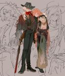  2boys arm_around_shoulder belt black_footwear black_hat black_pants blush braid brown_belt classicaloid coin cowboy full_body gun hair_over_one_eye hat highres holding holding_coin holding_gun holding_weapon long_hair long_sleeves looking_at_viewer ludwig_van_beethoven_(classicaloid) male_focus multiple_boys octahooves one_eye_closed pants revolver rifle scar scar_on_face scar_on_mouth short_hair standing very_long_hair weapon wolfgang_amadeus_mozart_(classicaloid) 