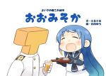  1boy 1girl alcohol beer black_gloves black_neckerchief black_sailor_collar blue_hair blush_stickers bottle closed_eyes commentary_request elbow_gloves glass gloves gradient_hair hinata_yuu kantai_collection long_hair military_uniform multicolored_hair naval_uniform neckerchief sailor_collar samidare_(kancolle) school_uniform second-party_source serafuku shirt skirt sleeveless sleeveless_shirt smile swept_bangs t-head_admiral translation_request very_long_hair white_skirt 
