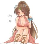  breasts brown_eyes brown_hair circlet cleavage commentary_request fire_emblem fire_emblem:_monshou_no_nazo fire_emblem_heroes highres linda_(fire_emblem) long_hair matumuraaaa open_mouth pink_swimsuit ponytail simple_background sitting solo starfish swimsuit white_background 