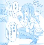  1girl asashio_(kancolle) bag ball blue_background blue_theme commentary_request gashapon gotou_hisashi holding holding_ball hood hooded_sweater i-class_destroyer kantai_collection kuchiku_i-kyuu long_hair monochrome pleated_skirt skirt squatting sweater thighhighs translation_request two-tone_background vending_machine white_background 