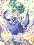  1girl :d above_clouds ankle_socks arm_at_side bare_shoulders blue_overskirt blue_trim branch cloud commentary_request detached_sleeves falling_petals floating floating_hair flower frog_hair_ornament gradient_sky green_eyes green_hair hair_between_eyes hair_ornament hair_tubes hand_on_own_chest highres kochiya_sanae long_hair looking_at_viewer midriff_peek nanop38 okobo open_mouth orange_sky outdoors patterned_clothing petals red_eyes red_flower sandals scarf shirt single_hair_tube single_sidelock skirt sky sleeveless smile snake snake_hair_ornament socks solo standing stone_walkway sun touhou very_long_hair white_shirt white_skirt white_sleeves white_snake white_socks wide_sleeves wind 