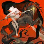  1boy animal belt black_belt buttons cape classicaloid covered_mouth from_side glint gloves grey_gloves highres holding holding_sword holding_weapon horse kris_(weapon) ludwig_van_beethoven_(classicaloid) male_focus octahooves orange_background pants shirt solo sword weapon white_hair white_pants white_shirt yellow_eyes 