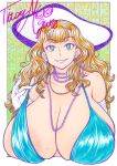  artist_name bikini bikini_top blonde_hair blue_bikini blue_eyes breasts character_request earrings jewelry large_breasts lowres mole mole_on_breast mole_under_eye mole_under_mouth navel necklace original picture_frame smile string_bikini suzuki_ken&#039;ya swimsuit unbuttoned watermark 