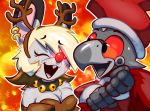  2018 android animal_crossing anthro avian bell bell_collar bella_(animal_crossing) bird blonde_hair breasts captain_southbird_(character) christmas cleavage clothed clothing collar conditional_dnp costume duo ear_piercing female fur glowing glowing_nose hair hat holidays horn machine male mammal mouse nintendo piercing red_eyes red_sclera reindeer_costume robot rodent sack santa_costume santa_hat teckworks video_games white_fur 
