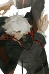  1boy arm_up belt belt_collar black_belt black_jacket classicaloid collar earrings highres jacket jewelry long_sleeves ludwig_van_beethoven_(classicaloid) male_focus no_pupils octahooves parted_lips shirt short_hair simple_background solo white_hair white_shirt 