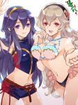  2girls bikini blue_eyes blue_hair breasts female_my_unit_(fire_emblem_if) fingerless_gloves fire_emblem fire_emblem:_kakusei fire_emblem_cipher fire_emblem_heroes fire_emblem_if gloves hair_between_eyes hair_ornament hairband long_hair looking_at_viewer lucina mamkute multiple_girls my_unit_(fire_emblem_if) navel nintendo open_mouth pointy_ears red_eyes renkonmatsuri shell shell_bikini shorts silver_hair smile swimsuit tiara 