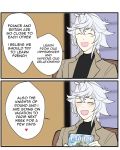  2koma bangs blush chair closed_eyes colorized comic eiffel_tower english eyebrows_visible_through_hair fate/grand_order fate_(series) hair_between_eyes heart kyou_(ningiou) magazine merlin_(fate) open_mouth short_hair speech_bubble the_office twitter_username white_hair 