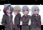  ahoge black_hair blonde_hair blood blood_stain choker commentary crossed_arms ear_piercing eyebrows_visible_through_hair eyepatch grin hand_in_pocket hayasaka_mirei hood hood_down hood_up hooded_jacket hoodie hoshi_shouko idolmaster idolmaster_cinderella_girls jacket koshimizu_sachiko lavender_hair letterboxed lineup long_sleeves looking_at_viewer multiple_girls open_clothes open_jacket piercing profile shirasaka_koume shirt short_hair smile striped striped_shirt twitter_username white_hair yadokugaeru 