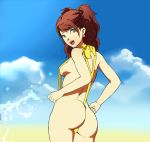  1girl artist_request ass bare_shoulders bikini breasts brown_hair earrings from_behind grey_eyes jewelry kujikawa_rise long_hair looking_at_viewer looking_back megami_tensei open_mouth persona persona_4 shin_megami_tensei sideboob smile solo swimsuit twintails 