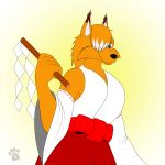  2018 alef anthro armwear blue_eyes breasts canine cleavage clothed clothing cosplay cute_fangs detached_sleeves digital_media_(artwork) female fox fur hair hair_over_eye hakama haori japanese_clothing ky_(malamute) looking_at_viewer mammal miko_outfit shining_(series) shining_force simple_background smile solo video_games 