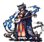  :p animal_ears black_hair blue_fire cat cat_ears fire flower full_body geta hair_flower hair_ornament hair_over_one_eye instrument japanese_clothes kimono koharu_(sennen_sensou_aigis) long_hair looking_at_viewer multiple_tails official_art sennen_sensou_aigis shamisen solo tail tail-tip_fire tongue tongue_out transparent_background two_tails yellow_eyes youkai 