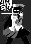  absurdres alexander_anderson batabata0015 catchphrase glasses greyscale hellsing highres holding holding_weapon kantai_collection long_hair monochrome ooyodo_(kantai_collection) opaque_glasses pantyhose parody solo weapon 