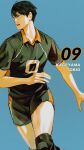  1boy arm_up black_hair blue_background blue_eyes character_name collared_shirt feet_out_of_frame film_grain flying_sweatdrops haikyuu!! hair_between_eyes highres hot kageyama_tobio karasuno_volleyball_uniform knee_pads leshaohuai looking_to_the_side male_focus multicolored_clothes multicolored_shirt multicolored_shorts open_mouth playing_sports running shirt short_hair short_sleeves shorts simple_background solo sportswear sweat teeth tongue upper_teeth_only volleyball_uniform wing_collar 