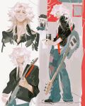  1boy black_hat black_jacket cellphone classicaloid closed_mouth commentary earrings green_eyes guitar hair_between_eyes hat highres holding holding_phone instrument jacket jewelry long_hair long_sleeves ludwig_van_beethoven_(classicaloid) male_focus messy_hair multiple_views octahooves pants patchwork_clothes phone playing_guitar smartphone symbol-only_commentary 