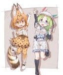  animal_ear_fluff animal_ears bare_shoulders belt boots camouflage_trim commentary elbow_gloves eyebrows_visible_through_hair fanny_pack feathers glasses gloves green_hair hair_tie hat helmet high-waist_skirt highres kemono_friends khakis kneehighs kolshica long_hair mirai_(kemono_friends) multicolored_hair multiple_girls pith_helmet serval_(kemono_friends) serval_ears serval_print serval_tail shoes short_sleeves shorts skirt sleeveless sneakers standing standing_on_one_leg tail thighhighs 