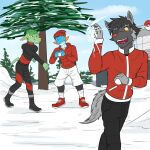 1:1 anthro anthrofied black_bottomwear black_clothing black_hair black_pants blue_body boots bottomwear clothing coat electrike footwear fur fuze gao_(fuze) generation_3_pokemon green_body green_fur green_hair grey_body grey_fur grin group hair hat headgear headwear hi_res hoodie jolt_(fuze) male marshtomp nintendo outside pants pawl_(fuze) plant pokemon pokemon_(species) poochyena red_clothing red_hoodie red_topwear shoes sky smile snow snowball standing topwear tree trio