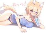  al_bhed_eyes animal_ear_fluff animal_ears arm_support bare_arms bare_legs bare_shoulders blue_panties blush breasts cleavage commentary drink drinking drinking_straw eyebrows eyebrows_visible_through_hair fox_ears fox_tail frilled_panties frills hair_between_eyes hips large_breasts lying mamuru off_shoulder on_side original panties red_eyes short_eyebrows short_hair simple_background soda solo strap_slip sweat tail tank_top thighs underwear white_background 