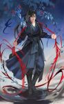  1boy absurdres black_eyes black_footwear black_hair black_hanfu blue_ribbon boots branch chinese_clothes clenched_hands dimple english_commentary erha_he_tadebai_mao_shizun falling_leaves fang food fruit full_body gradient_background hair_ribbon hanfu high_ponytail highres holding holding_whip leaf lettch long_hair long_sleeves looking_at_viewer male_focus mo_ran open_mouth ribbon signature solo standing teeth tree twitter_username upper_teeth_only 