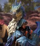  2025 3d_(artwork) absurd_res armor beak beard blender_(artwork) blue_body blue_feathers blurred_background capcom claws clothed clothing detailed_background digital_media_(artwork) duo facial_hair feathered_crest feathered_tail feathers female female_feral feral fluffy fluffy_chest fluffy_tail green_body green_scales head_crest headgear hi_res horn hug hugging_another hugging_from_behind human ivorylagiacrus larger_female larger_feral looking_at_viewer looking_away looking_down male mammal monster_hunter mount mount/rider_relations neck_tuft orange_body orange_scales outside plant possessive pupils purple_body purple_feathers rider rock scales scalie seikret size_difference slit_pupils smaller_human smaller_male smile standing tail tent tight_hug tree tuft white_body white_feathers wide_hips yellow_eyes 