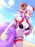  2018 anthro big_breasts bikini breasts caprine chest_tuft clothing female fur hair horn mammal outside seaside sheep smile solo swimsuit tuft water white-castle 