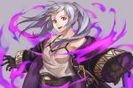 aura belt black_gloves breasts cleavage commentary dark_aura female_my_unit_(fire_emblem:_kakusei) fire_emblem fire_emblem:_kakusei fire_emblem_heroes gimurei gloves grey_background kamu_(kamuuei) long_sleeves my_unit_(fire_emblem:_kakusei) open_mouth outstretched_arms red_eyes robe simple_background solo spread_arms twintails white_hair wide_sleeves 