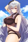  arm_up ass azur_lane bangs bare_arms bare_shoulders black_flower black_rose blue_sky blush breasts brown_swimsuit casual_one-piece_swimsuit cleavage cloud commentary_request covered_nipples day eyebrows_visible_through_hair fingernails flower graf_zeppelin_(azur_lane) hair_between_eyes hair_flower hair_ornament highres honami_(yths4221) large_breasts long_hair looking_at_viewer looking_to_the_side one-piece_swimsuit outdoors parted_lips red_eyes rose see-through silver_hair sky solo swimsuit very_long_hair 
