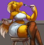 absurd_res anthro avian bare_legs beak big_breasts bird bowl breasts cheek_tuft chocobo clothed clothing container curvy_anthro curvy_female curvy_figure dipstick_feathers eating enjoying enjoying_food eyes_closed facial_tuft feather_hair feathered_crest feathers feet female final_fantasy fully_clothed happy head_crest hi_res holding_bowl holding_container holding_fork holding_object midriff non-mammal_breasts pseudo_hair robomax signature simple_background sitting sitting_on_stool small_waist smile solo square_enix tail tail_feathers talons text thick_thighs toes topwear tuft wednesday_(robomax) wide_hips winged_arms wings yellow_body yellow_feathers