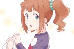  blue_eyes brown_hair demirinz hair_ornament idolmaster idolmaster_(classic) idolmaster_million_live! light_blush open_mouth raglan_sleeves solo takatsuki_yayoi twintails upper_body 