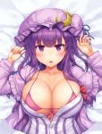  bikini blush breasts cleavage crescent dress front-tie_top hair_ornament hair_ribbon hairclip hat hat_ornament highres large_breasts long_hair looking_at_viewer lying mob_cap on_back open_mouth patchouli_knowledge purple_bikini purple_eyes purple_hair ribbon snowcanvas solo striped striped_dress swimsuit touhou unbuttoned 