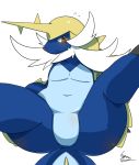  ambiguous_gender beard blue_body blush butt facial_hair featureless_crotch gearfactory horn lying mammal mustelid navel nintendo nude on_back pok&eacute;mon pok&eacute;mon_(species) samurott simple_background solo spread_legs spreading sweat video_games 