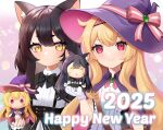  2025 2girls animal_ears artist_request black_bow black_bowtie black_hair blonde_hair bow bowtie cat_ears cat_girl character_doll chibi closed_mouth english_text gloves hair_between_eyes hairband happy_new_year hat hat_ribbon highres little_witch_nobeta long_hair looking_at_viewer multiple_girls nobeta nobeta_(witch_skin) official_art phyllis_(human)_(little_witch_nobeta) phyllis_(little_witch_nobeta) red_eyes ribbon second-party_source upper_body very_long_hair white_gloves witch_hat yellow_eyes 