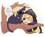  :&lt; alisha_(heirror) alternate_universe animal animalization arm_up bare_tree black_cat black_fur black_hat blonde_hair cat closed_eyes closed_mouth commentary dimitri_alexandre_blaiddyd dirty dirty_face english_commentary english_text eyepatch felix_hugo_fraldarius fire_emblem fire_emblem:_three_houses firefighter firefighter_jacket gloves hat jacket jitome leaf long_sleeves looking_at_another multicolored_clothes multicolored_gloves one_eye_covered open_mouth orange_eyes simple_background slit_pupils small_sweatdrop smile speech_bubble sweat teeth tongue tree upper_teeth_only visor_lift whiskers white_background 