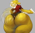 2024 absurd_res anthro avian beak between_butt between_cheeks big_butt bird bottomwear butt canid canine cheek_tuft chocobo clothed clothing curvy_anthro curvy_female curvy_figure dipstick_feathers duo facial_tuft feather_hair feathered_crest feathers female final_fantasy fox head_crest hi_res huge_butt larger_female looking_back looking_down low-angle_view male mammal micro pseudo_hair robomax simple_background size_difference small_waist smaller_male square_enix stuck tail tail_feathers thick_thighs topwear tuft wednesday_(robomax) wide_hips winged_arms wings yellow_body yellow_feathers