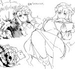  2girls :o ash_baby_(meme) bamman blunt_bangs book breasts crescent crescent_hat_ornament dress expressionless greyscale hat hat_ornament hat_ribbon highres holding holding_book kirisame_marisa korean_commentary large_breasts meme mob_cap monochrome multiple_girls multiple_views open_book open_mouth patchouli_knowledge ribbon royal_flare simple_background spell_card touhou translated white_background witch_hat 