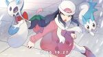  1girl beanie black_hair boots cherrim cherrim_(overcast) coat dated dawn_(pokemon) froslass hat highres holding holding_poke_ball open_mouth pachirisu pink_coat pink_footwear poke_ball poke_ball_(basic) pokemon pokemon_(creature) pokemon_adventures rozu_ki scarf socks tile_floor tiles white_hat white_scarf white_socks yellow_eyes 