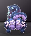anthro big_breasts big_butt blue_body blue_scales blush bodily_fluids breasts butt com50c cum cum_letter cum_on_butt female genital_fluids hair highlights_(coloring) huge_butt looking_at_viewer new_year_2025 nipples nude reptile scales scalie simple_background smile snake solo tail