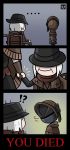  ... 2boys 3koma alternate_costume bloodborne bonnet colorized comic commentary dress english english_commentary gehrman_the_first_hunter gloves hat highres hunter_(bloodborne) lee-sanixay multiple_boys plain_doll scarf silent_comic sitting smile sweatdrop top_hat tug wheelchair white_hair 