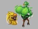 4:3 absurd_res anthro attribute_theft avian beak big_breasts bird blue_eyes breast_expansion breast_growth breasts cheek_tuft chocobo dipstick_feathers duo expansion facial_tuft feather_hair feathered_crest feathers featureless_breasts feet female female_pred final_fantasy green_body green_feathers growth head_crest hi_res huge_breasts leaves_on_body looking_at_self non-mammal_breasts nude nude_female pseudo_hair robomax simple_background size_difference sound_effects square_enix standing surprised_expression surprised_face tail tail_feathers talons text thick_thighs toes tuft vore wednesday_(robomax) winged_arms wings yellow_body yellow_feathers