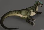  2018 animal_genitalia biped black_eyes brown_scales brown_skin brown_spots ceratosaurus claws cloaca digital_media_(artwork) dinosaur dradmon female feral green_scales green_skin green_stripes grey_background hi_res looking_at_viewer looking_back lying on_side open_mouth open_smile pink_cloaca pink_tongue presenting presenting_cloaca pubic_boot rear_view scales scalie sharp_claws sharp_teeth signature simple_background slit_pupils smile solo spots stripes teal_scales teal_skin teal_spots teal_stripes teeth theropod toe_claws tongue white_claws white_scales white_skin yellow_sclera 